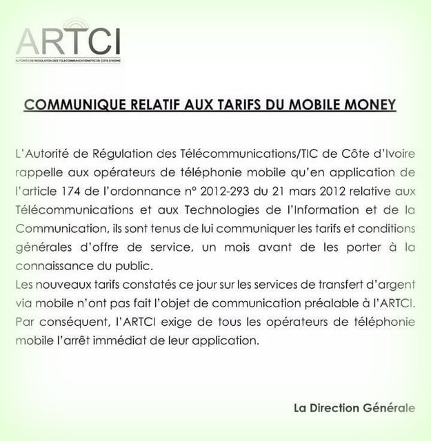 Taxe sur le Mobile Money communiqué ARTCI