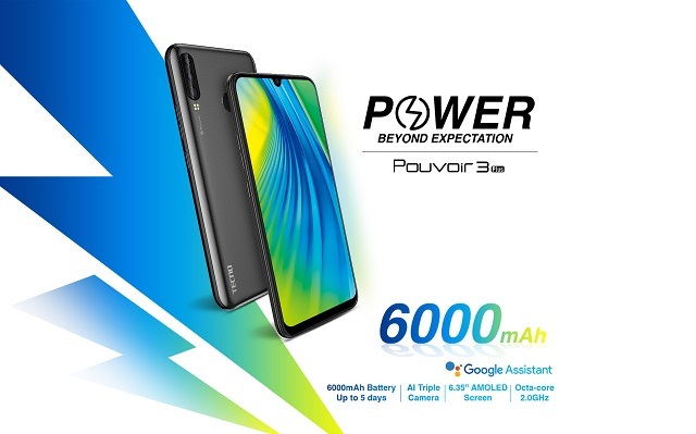 TECNO Pouvoir 3 Plus Batterie super puissante de 6000 m Ah jusqu’à 5 jours d’utilisation A
