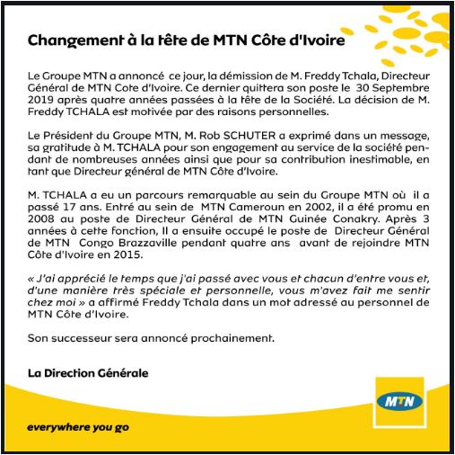 MTN Côte d'Ivoire annonce la démission de son DG M.Freddy Tchala