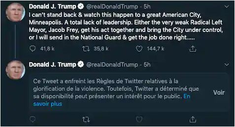 Pourquoi Twitter a masqué un tweet de Trump faisant l'«apologie de la violence